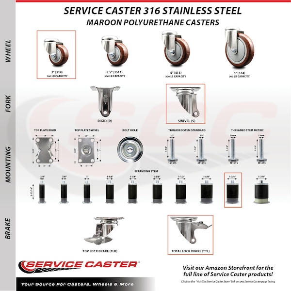 Service Caster 3 Inch 316SS Maroon Poly Swivel 1-3/4 Inch Expanding Stem Caster Set Lock Brake SCC-SS316TTLEX20S314-PPUB-MRN-134-4 - main